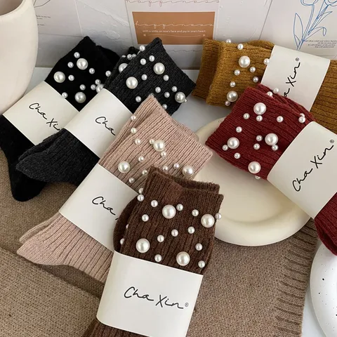 Women Winter Warm Slouch Socks Rabbit Wool Blend Crew Socks With Pearl And Rivet Embellishments Thick Casual Socks