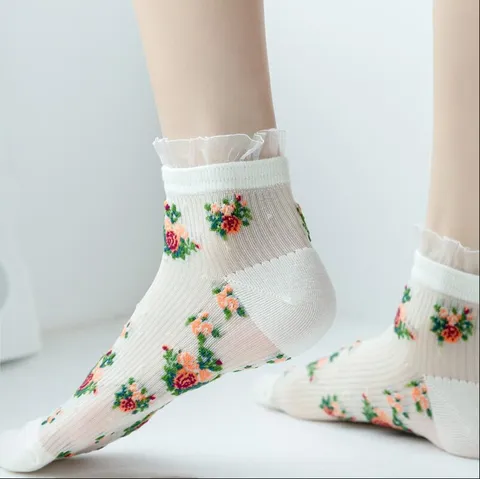 Women's Vintage Mori Style Floral Short Socks Spring Summer Thin Crystal Silk Lace Ruffle Trim Breathable Casual Socks