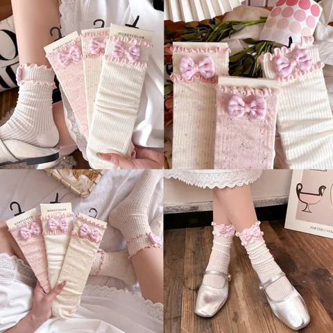 Sweet Princess Style Womens Mid Calf Socks Cute Bowknot Lettuce Trim Cotton Breathable Spring Daily Fashion Socks