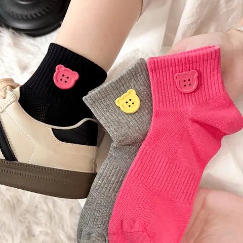 Women Cute Bear Button Cotton Short Socks Breathable Mesh Sweet Casual Daily Wear Fashion Crew Socks