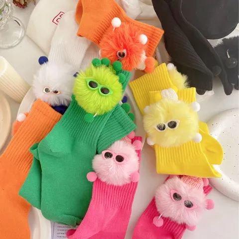 Girls Cute Crew Socks Sweet Little Elf Mid Tube Socks Cotton Cartoon Plush Doll Fashion Casual Children Socks