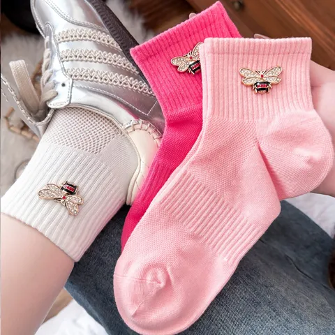 Women Mesh Short Socks Rhinestone Bee Decor Cotton Blend Sweet Style Casual Breathable Daily Wear Footwear Accessories