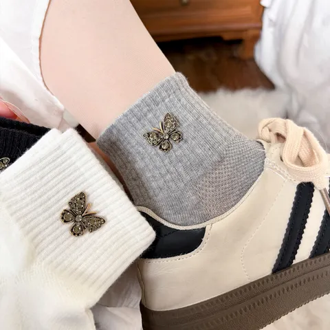 Women's Casual Cotton Mesh Short Socks Sweet Rhinestone Butterfly Cute Low Cut Breathable Ankle Socks Hosiery