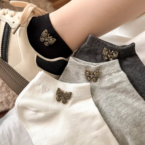 Women Casual Cotton Short Socks Rhinestone Bowknot Decor Summer Thin Breathable Deodorant Ankle Socks