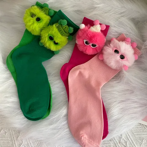 Women Cute Plush Doll Mid-Calf Socks Sweet College Style Funny Pom-Pom Cotton Blend Crew Socks Fashion Daily Wear