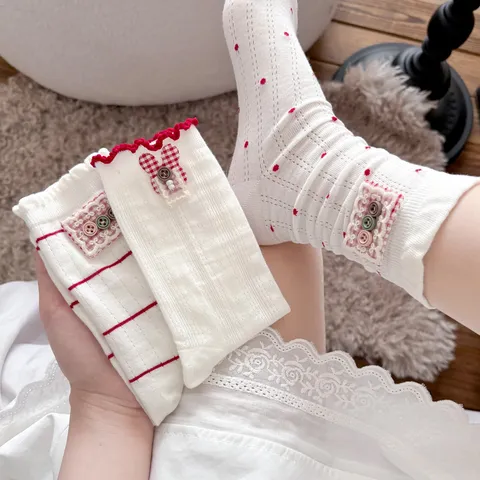 Mujeres Lindo Borde de Volantes Calcetines de Media Pantorrilla Algodón Topos Rayas Diseño de Conejo Casual Diario Hosiery