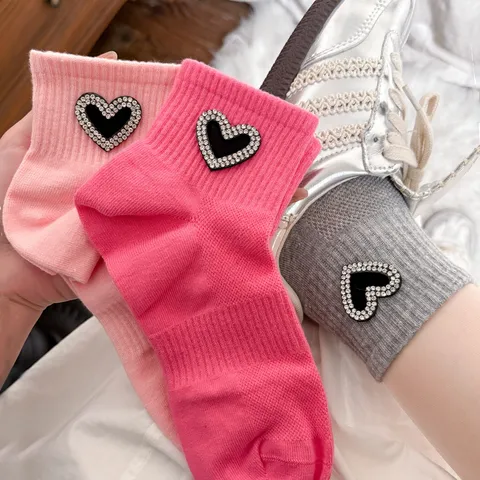 Women Low Cut Cotton Socks Sweet Rhinestone Heart Breathable Summer Ankle Socks Casual Daily Footwear