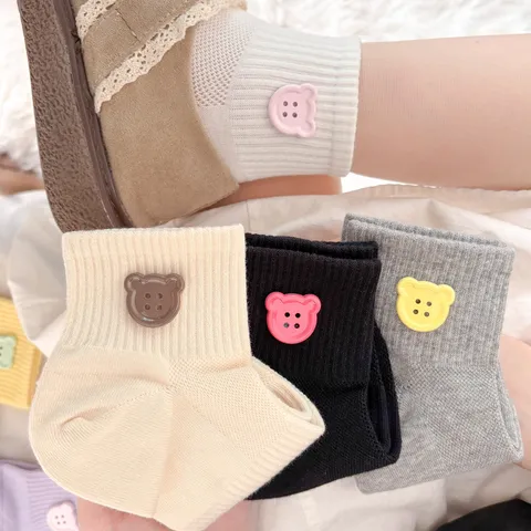 Women Cute Bear Button Cotton Short Socks Breathable Mesh Sweet Casual Daily Wear Fashion Crew Socks