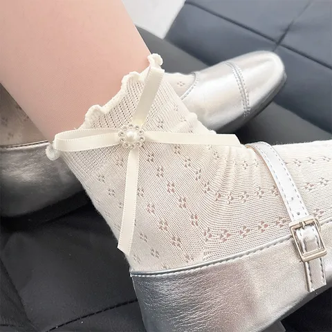 Women's Summer Thin Cotton Mesh Breathable Lace Lettuce Trim Bow Artificial Pearl JK Mid-Calf Socks