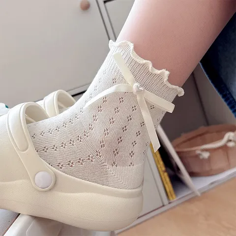 Women Sweet Lolita Style Mesh Short Socks White Lace Trim Ribbon Bow Pearl Ruffle Ankle Socks