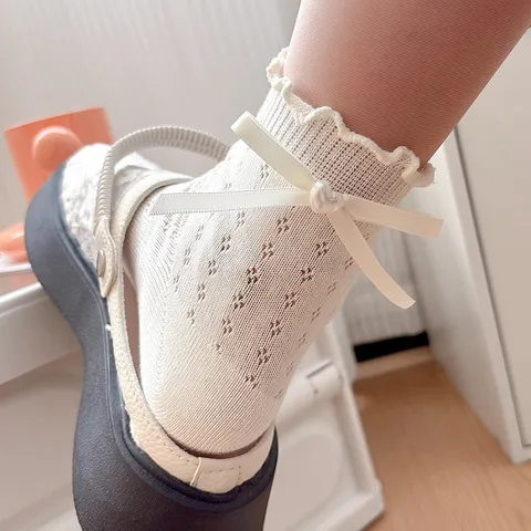 Women Sweet Lolita Style Mesh Short Socks White Lace Trim Ribbon Bow Pearl Ruffle Ankle Socks