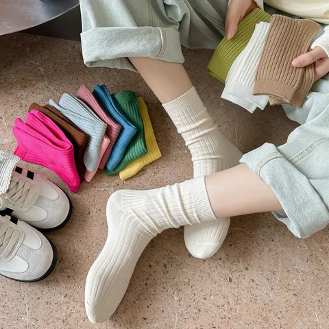 Women Mid Tube Socks Fine Stripe Solid Color Casual Cotton Breathable Fashion Daily Wear Autumn Winter Sock