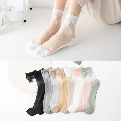 Women's Summer Thin Ice Silk Socks Japanese Style Lace Trim Sweat Absorbent Breathable Cotton Bottom Short Socks