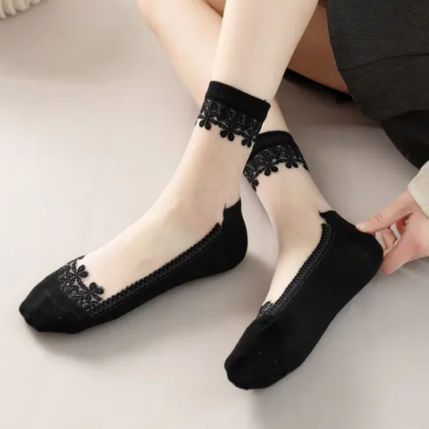 Women's Thin Transparent Glass Silk Mid Tube Socks Summer Breathable Cotton Bottom Snowflake Lace Casual Hosiery