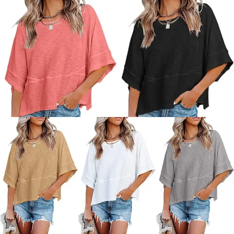 Damen Casual Locker Einfarbig Gespleißt Trompetenärmel T-Shirt Rundhals Kurzarm Sommer Top Für Den Alltag