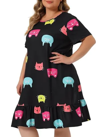 Plus Size Women Casual Dress Cartoon Cat Print Short Sleeve Crew Neck Ruffle Hem Loose Comfortable Sleepwear Loungewear