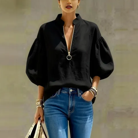 Damen Casual V-Ausschnitt Metallreißverschluss Laternenärmel Lockere Einfarbige Mode T-Shirt Top Elegante Alltagskleidung