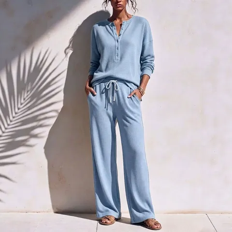 Damen Waffle Knit Freizeit Sport Set Langarm Henley Oberteil Und Weite Beine Hose Top Und Unterteil Loungewear Outfit