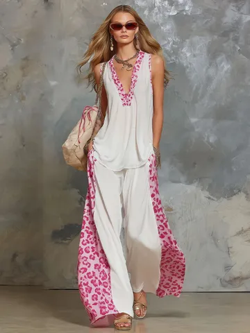 Damen Sommer Leopard Patchwork Lässiges Tanktop Und Weites Bein Hosen Set Sexy Streetwear Mode Outfit Alltag
