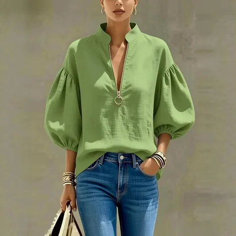 Damen Casual V-Ausschnitt Metallreißverschluss Laternenärmel Lockere Einfarbige Mode T-Shirt Top Elegante Alltagskleidung