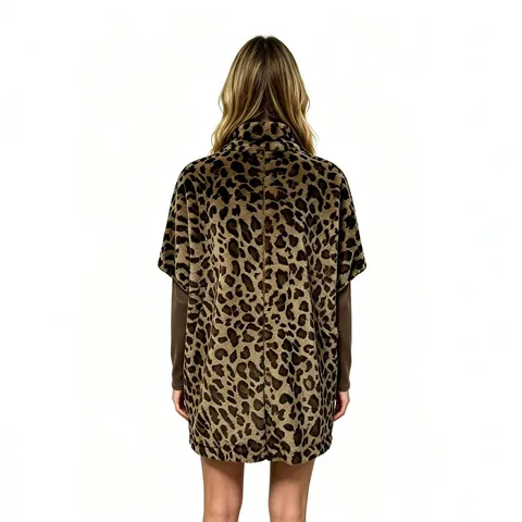 Damen Casual Leopardenmuster Falsch Kaninchenfell Langer Mantel Looser Plüsch Oberbekleidung Halbhoher Kragen Reißverschluss Langarm Jacke