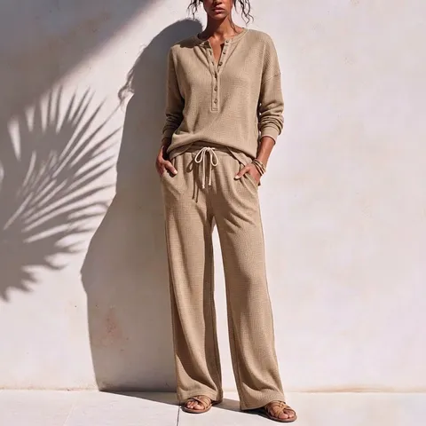 Damen Waffle Knit Freizeit Sport Set Langarm Henley Oberteil Und Weite Beine Hose Top Und Unterteil Loungewear Outfit