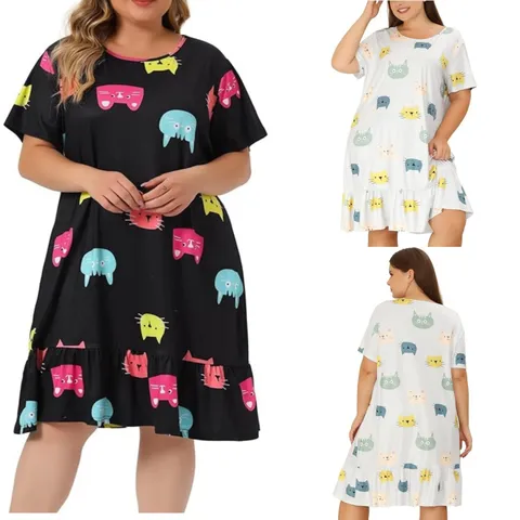 Plus Size Women Casual Dress Cartoon Cat Print Short Sleeve Crew Neck Ruffle Hem Loose Comfortable Sleepwear Loungewear
