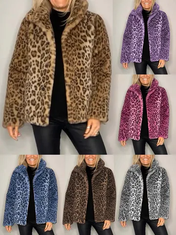 Damen Kunstpelz Leopardenmuster Revers Langarm Lässig Dicke Warme Winter Jacke Mantel Oberbekleidung