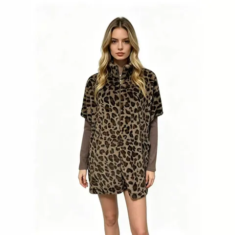 Damen Casual Leopardenmuster Falsch Kaninchenfell Langer Mantel Looser Plüsch Oberbekleidung Halbhoher Kragen Reißverschluss Langarm Jacke