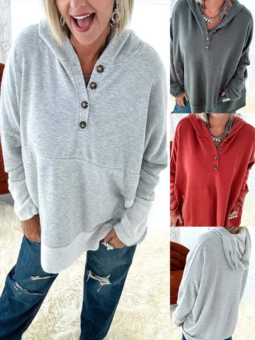 Damen Casual Kapuzenpullover Langarm Oversize Pullover Knopf V-Ausschnitt Herbst Winter Mode Tops