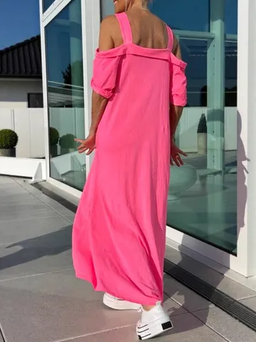 Damen Casual Baumwollmischung Einfarbig Ärmellos U-Ausschnitt Lockeres Langes Trägerkleid Sommer Mode Strand Maxikleid