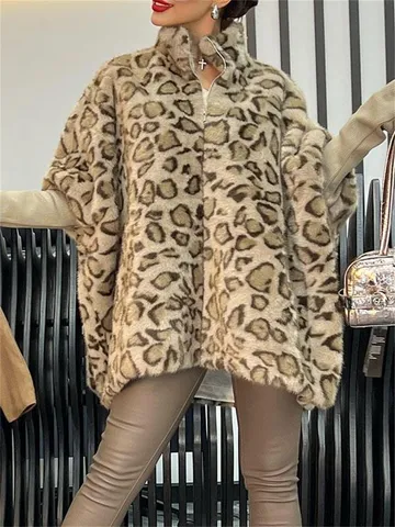 Damen Winter Casual Kunstpelz Umhang Mantel Mode Leopardenmuster Langarm Stehkragen Reißverschluss Oberbekleidung Dame Warme Jacke