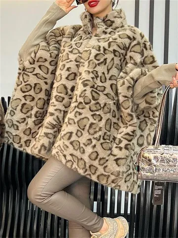 Damen Winter Casual Kunstpelz Umhang Mantel Mode Leopardenmuster Langarm Stehkragen Reißverschluss Oberbekleidung Dame Warme Jacke