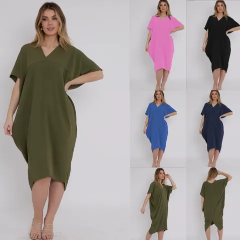 Femmes Casual Couleur Unie Col V Manches Courtes Ample Fente Midi Robe Été Élégant Mode Vêtement