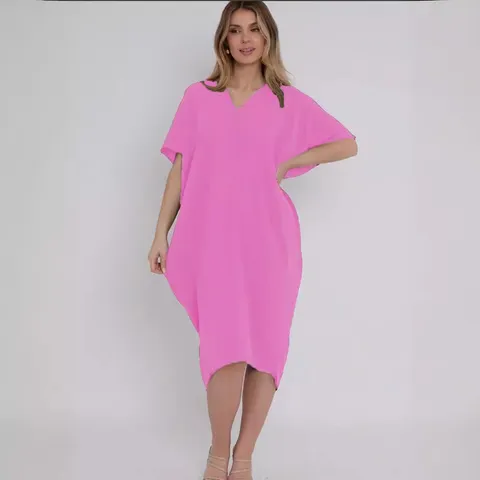 Femmes Casual Couleur Unie Col V Manches Courtes Ample Fente Midi Robe Été Élégant Mode Vêtement