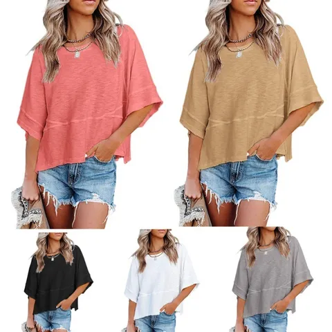 Damen Casual Einifarbig Rundhals Halb Glockenärmel Gespleißtes Lockeres T-Shirt Top