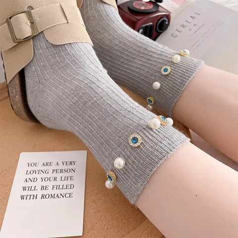 Dames Mode Casual Katoen Crew Socken Zoet Effen Kleur Strass Kunstparel Versierd Halflange Socken