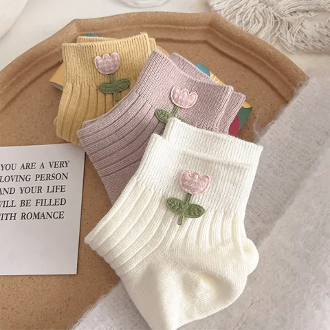Women Short Socks Sweet Japanese Style 3D Tulip Floral Embroidery Breathable Cotton Casual Summer Socks