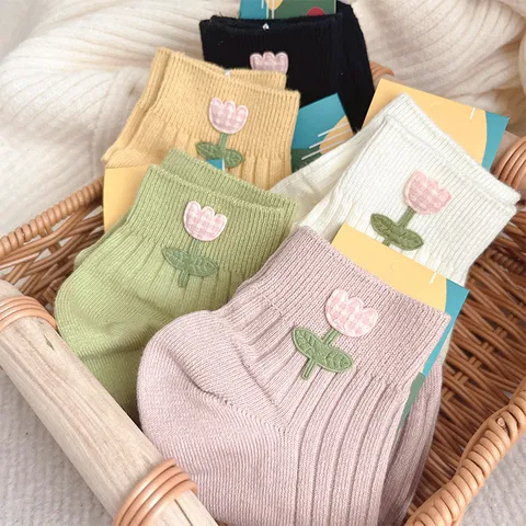Women Short Socks Sweet Japanese Style 3D Tulip Floral Embroidery Breathable Cotton Casual Summer Socks