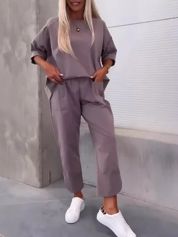 Damen Casual Jogginganzug Einzelfarbig Rundhalsausschnitt Langarm Oberteil Und Neun-Punkte-Hose Herbst Lominantes Outfit Set