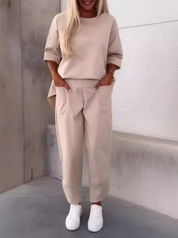Damen Casual Jogginganzug Einzelfarbig Rundhalsausschnitt Langarm Oberteil Und Neun-Punkte-Hose Herbst Lominantes Outfit Set