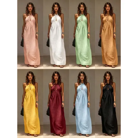 Damen Casual Einfarbig Neckholder Ärmellos Hohe Taille Langes Kleid Sommer Strand Urlaub Maxi Kleid