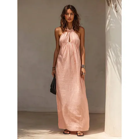 Damen Casual Einfarbig Neckholder Ärmellos Hohe Taille Langes Kleid Sommer Strand Urlaub Maxi Kleid