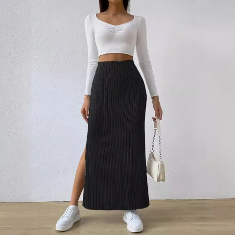 Damen Hohe Taille Seitenschlitz Slim Knit Rock Unifarben Elastische Taille Midi Rock Lässige Elegante Lange Röcke Für Damen