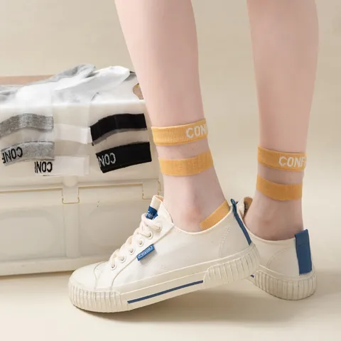 Women Crystal Silk Short Socks Summer Thin Breathable Anti Slip Cotton Bottom Stripe Letter Casual Socks