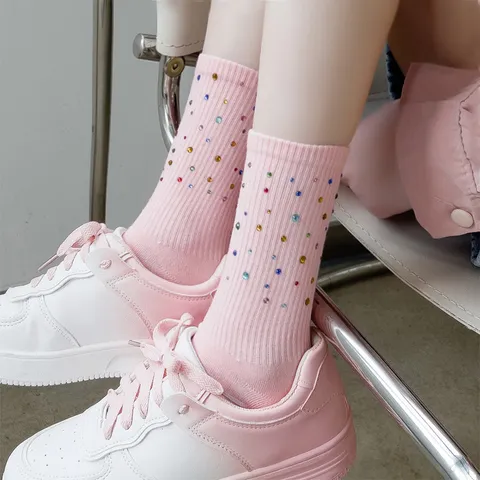 Women's Trendy Cotton Mid-Tube Socks With Colorful Hot-Fix Rhinestones Casual Fashion Everyday Crew Socks