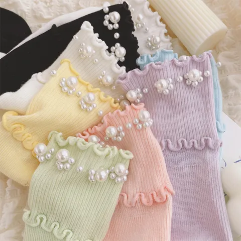 Women Sweet Lolita Style Ruffle Lace Mid Tube Socks Cute Artificial Pearl Knitted Cotton Casual Fashion Socks