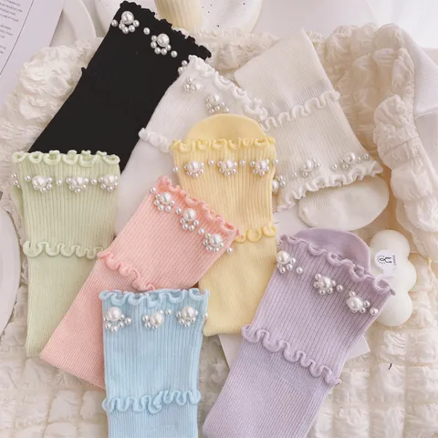 Women Sweet Lolita Style Ruffle Lace Mid Tube Socks Cute Artificial Pearl Knitted Cotton Casual Fashion Socks