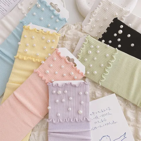 Women's Sweet Ruffle Lettuce Trim Crew Socks Cute Artificial Pearl Decorated Striped Casual Cotton Stacked Socks For Spring Fashion