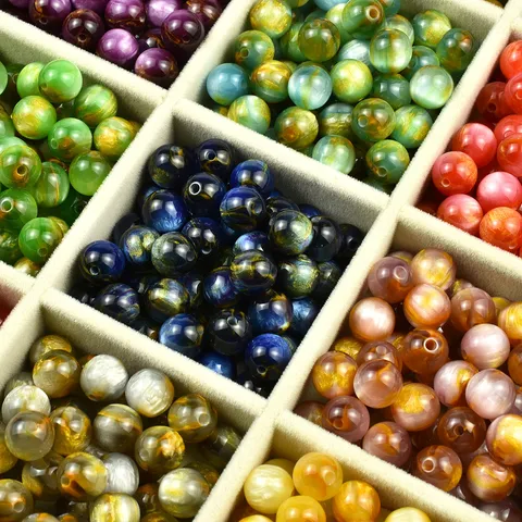 Perline Tonde in Resina Stile Pittura ad Olio DIY Perline Siolte Colorate Effetto Giada per Creazione di Gioielli Bracciale Collana
